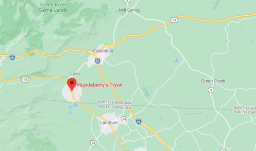 Map showing Huckleberry's Tryon in North Carolina, near Columbus and Lynn, with surrounding roads and landmarks.