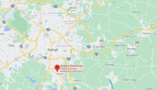 Map showing Raleigh, North Carolina, with a marker for Angie's Restaurant, a breakfast and lunch spot in Garner.