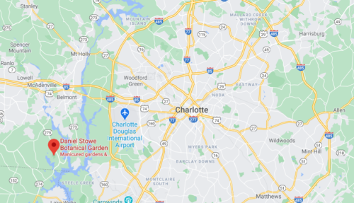 Map of Charlotte, North Carolina, highlighting the location of Daniel Stowe Botanical Garden.