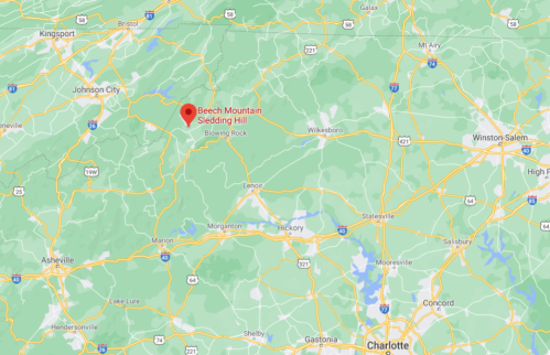 Map showing Beech Mountain Sledding Hill location in North Carolina, near Blowing Rock and surrounding highways.