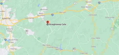 Map showing the location of Straightaway Cafe, near Black Mountain, North Carolina.
