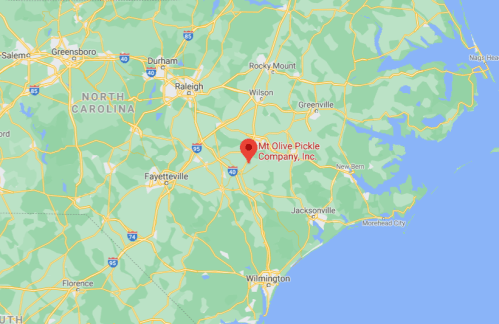 Map showing the location of Mt Olive Pickle Company, Inc. in North Carolina, near major highways and cities.