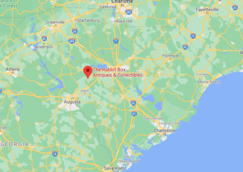 Map showing the location of "The Rabbit Box Antiques & Collectibles" in South Carolina, near Augusta and Columbia.