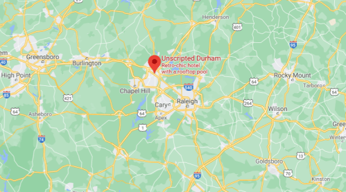 Map showing the location of Unscrpted Durham, a retro-chic hotel with a rooftop pool, near Raleigh, North Carolina.