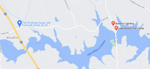 Map showing Lake William C. Bowen, Foster Road, and nearby locations in Inman, SC, including Bowen's Landing and Lake Bowen Fish Camp.