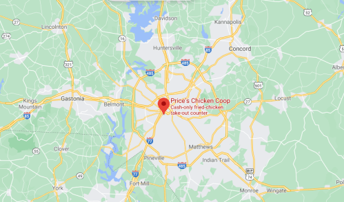 Map showing the location of Price's Chicken Coop, a cash-only fried chicken take-out restaurant in Charlotte, NC.