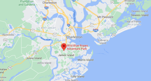 Map showing the location of Wild Blue Ropes Adventure Park near Charleston, South Carolina, with nearby islands and roads.
