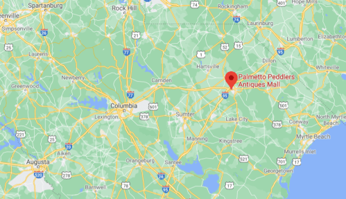 Map showing the location of Palmetto Peddlers Antiques Mall near Columbia, South Carolina.