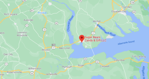 Map showing the location of Sugar Bears Candy & Gift LLC near Merry Hill, North Carolina, by the Chowan River.