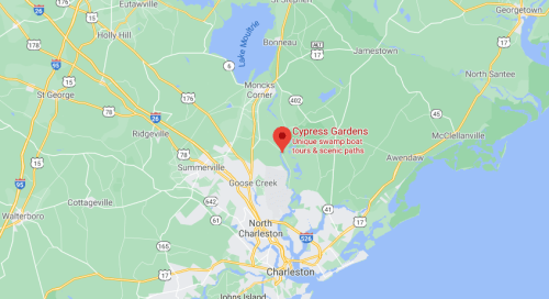 Map showing Cypress Gardens near Charleston, SC, highlighting swamp boat tours and scenic paths.