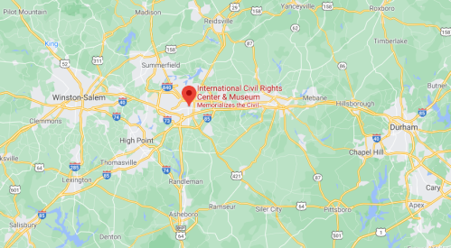 Map showing the location of the International Civil Rights Center & Museum in Greensboro, North Carolina.