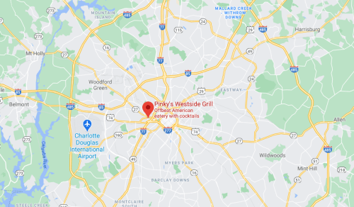 Map showing the location of Pinky's Westside Grill in Charlotte, NC, near major highways and landmarks.