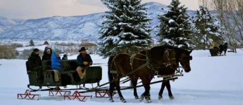A horse-drawn sleigh carries passengers through a snowy landscape with mountains in the background.