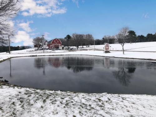 A snowy landscape featuring a pond reflecting a red barn and trees under a clear blue sky.