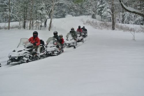 A group of snowmobilers riding through deep snow in a winter landscape, surrounded by trees.
