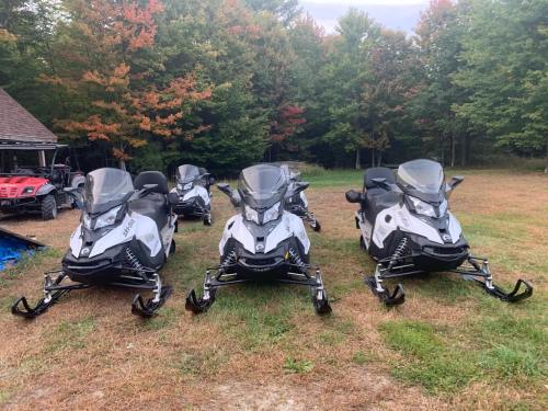 A row of four snowmobiles parked on grass, surrounded by trees with autumn foliage.