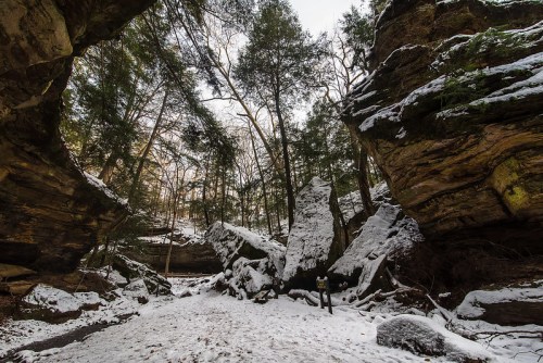 A snowy canyon surrounded by tall trees and rocky cliffs, with a person standing in the foreground.