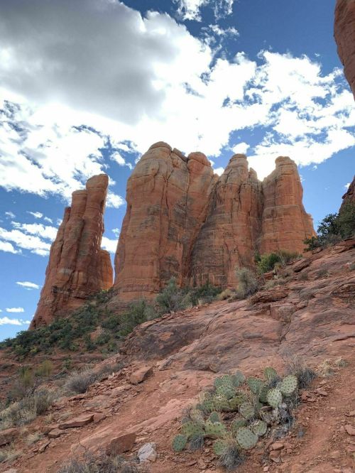 Red rock formations rise against a blue sky with clouds, surrounded by desert vegetation and cacti.