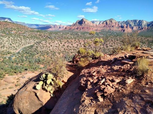 A scenic view of red rock formations and desert vegetation under a blue sky with scattered clouds.