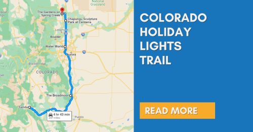 Map showing the Colorado Holiday Lights Trail route, highlighting key locations and travel time of 4 hours 43 minutes.