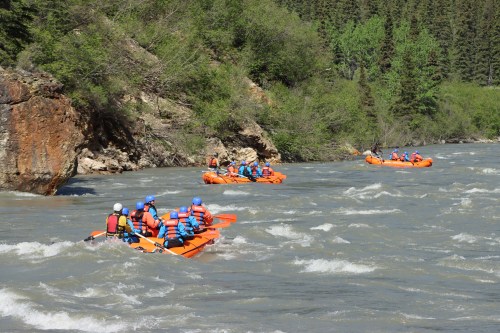 A group of people in orange rafts navigating a river with rocky banks and lush greenery in the background.