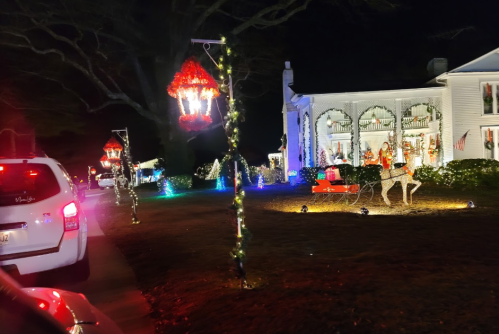 A festive night scene with a decorated house, colorful lights, and holiday decorations, including a reindeer and lanterns.