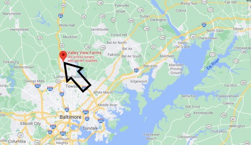 Map showing Baltimore area with a marker for Valley View Farms, a garden nursery located north of the city.
