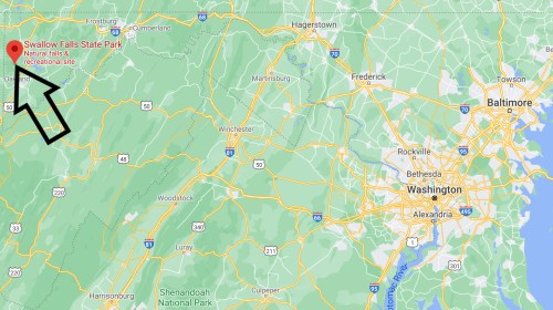 Map highlighting Swallow Falls State Park in Maryland, near Frostburg, with surrounding roads and cities.