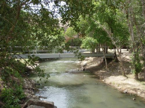 A serene river flows through a lush green landscape, with a small bridge crossing over it.