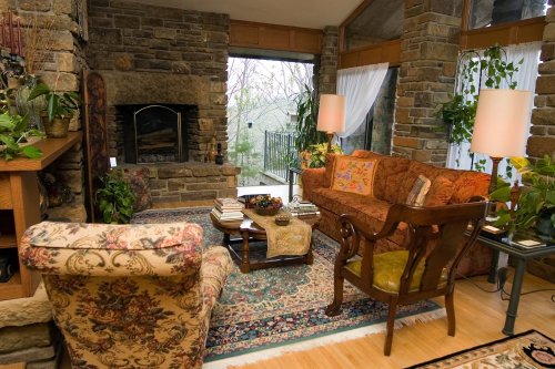 Cozy living room with stone walls, a fireplace, plants, and vintage furniture, featuring a patterned rug and warm lighting.