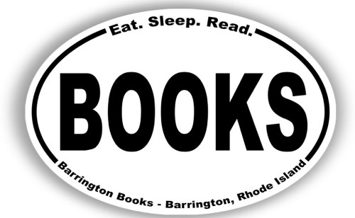 A black and white oval sticker with the text "Eat. Sleep. Read. BOOKS" and "Barrington Books - Barrington, Rhode Island."