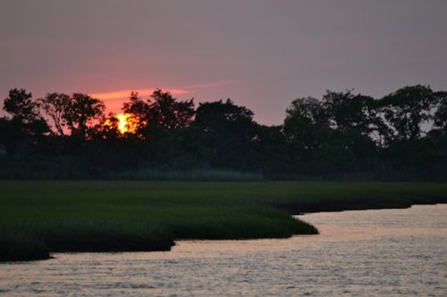 Sunset over a tranquil river, with silhouettes of trees and lush green grass along the water's edge.