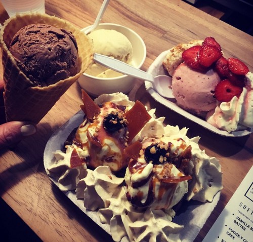A hand holds a chocolate ice cream cone, while two bowls of ice cream and a dessert with whipped cream are on a table.