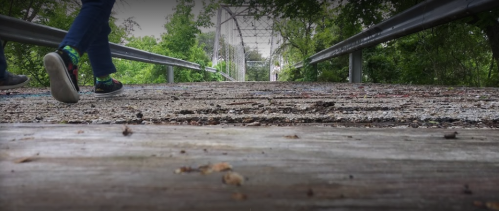 A low-angle view of a wooden bridge with a person walking in the distance, surrounded by greenery.
