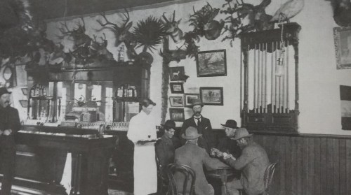 A vintage bar scene with patrons at a table, a bartender, and taxidermy mounts on the walls.