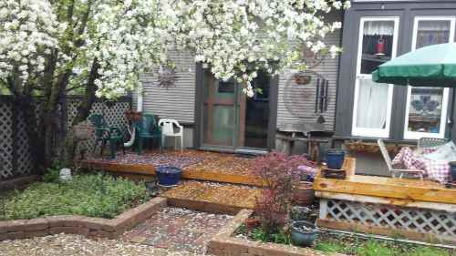 A backyard scene with a wooden deck, flowering tree, potted plants, and outdoor seating under a green umbrella.