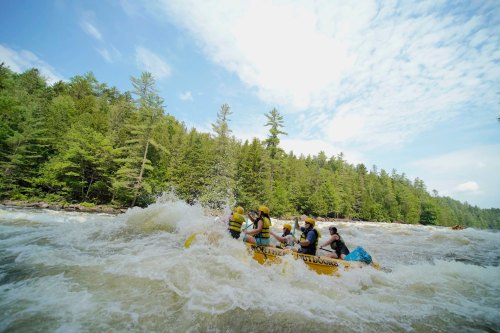 A group of people white-water rafting on a river surrounded by lush green trees under a blue sky.