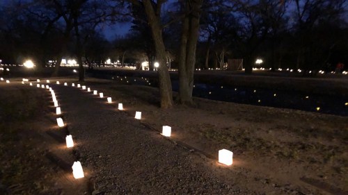 A winding path lined with glowing lanterns in a dark, wooded area, creating a serene nighttime atmosphere.