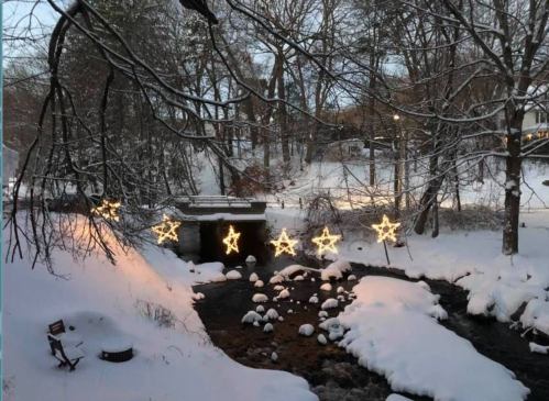 A snowy landscape with a stream and illuminated star decorations hanging over it, surrounded by trees.