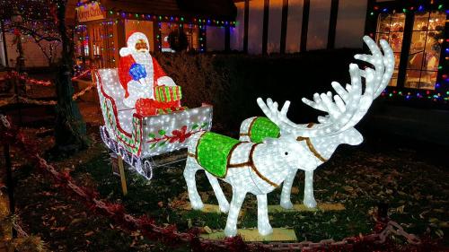 A festive display featuring Santa in a sleigh with gifts, pulled by two illuminated reindeer, surrounded by holiday lights.