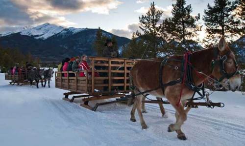 A horse-drawn sleigh carries passengers through snowy terrain with mountains in the background during sunset.