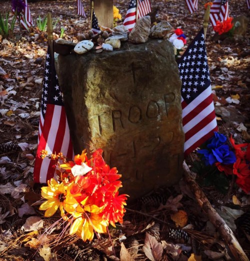 A stone grave marker with "TROOP" engraved, surrounded by flowers and small American flags in a wooded area.