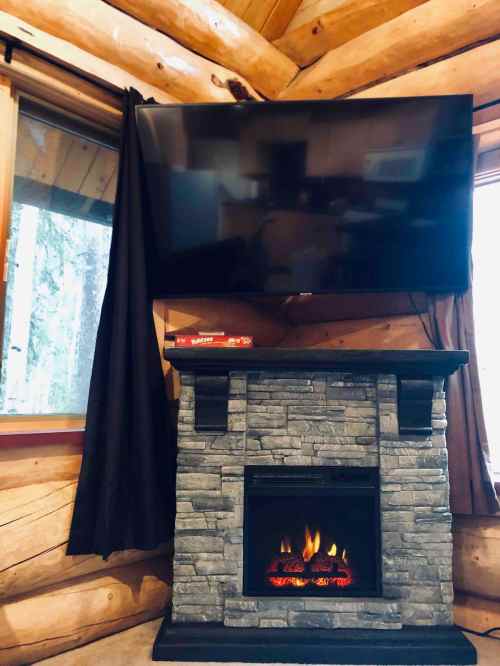 Cozy cabin interior featuring a stone fireplace, a mounted TV, and large windows with a view of nature.