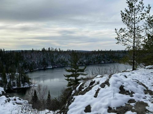 A serene winter landscape featuring a snowy shoreline, a calm lake, and pine trees under a cloudy sky.