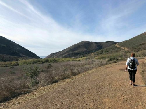 A person walks along a dirt path in a hilly landscape, with mountains and a hint of the ocean in the distance.