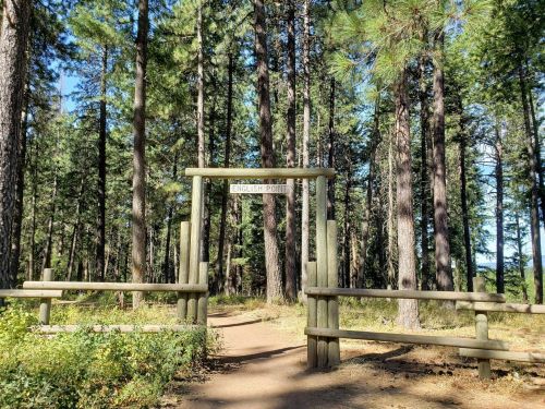 Wooden entrance gate labeled "English Point" surrounded by tall trees and a clear blue sky.