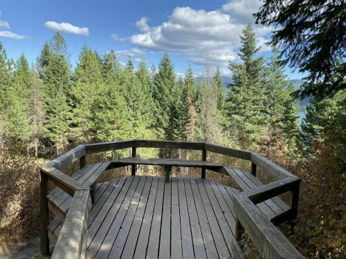 A wooden observation deck surrounded by lush green trees and a scenic view of the mountains and sky.