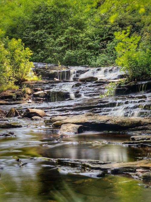 A serene waterfall cascades over rocks, surrounded by lush green foliage and a calm river.