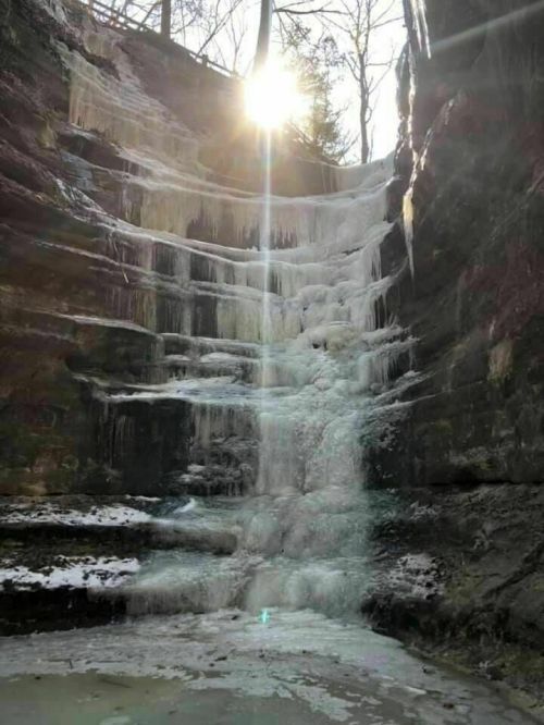 A frozen waterfall cascading down rocky cliffs, illuminated by sunlight filtering through trees above.