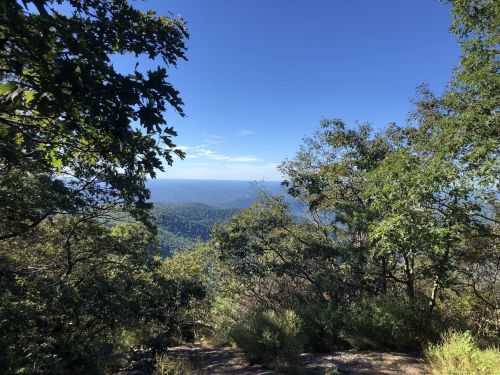 A scenic view from a rocky outcrop, framed by trees, overlooking rolling hills and a clear blue sky.
